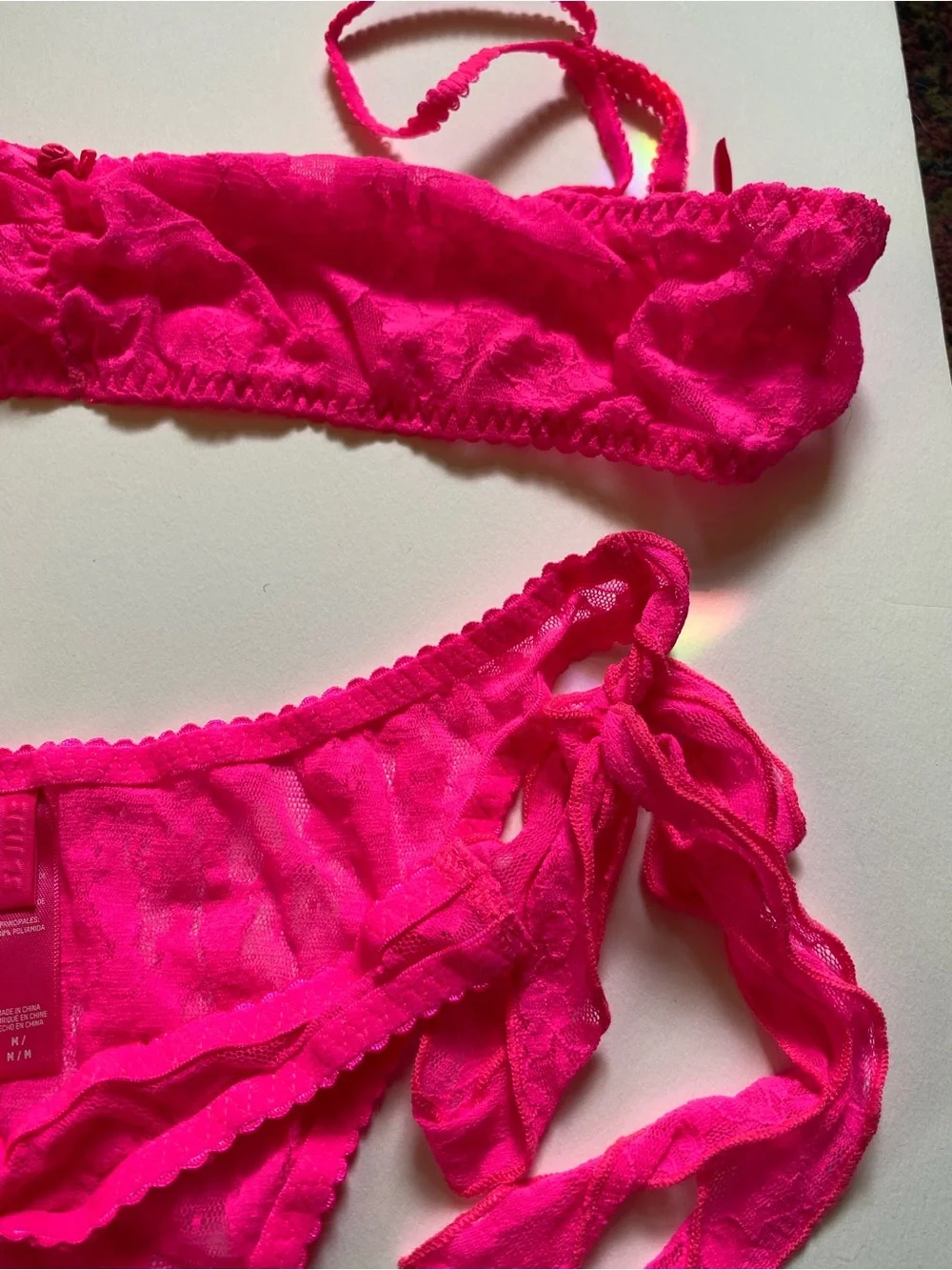 SKIMS Embroidered Tulle Tie Bralette Thong Set Punch M
